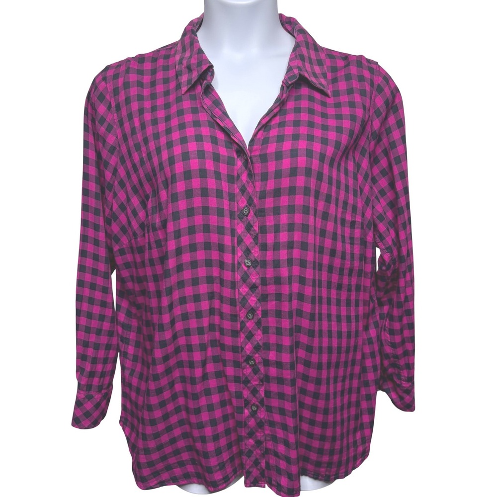 TALBOTS Woman Pink Black Gingham Button Up Long Sleeve Shirt 2X Classic Casual